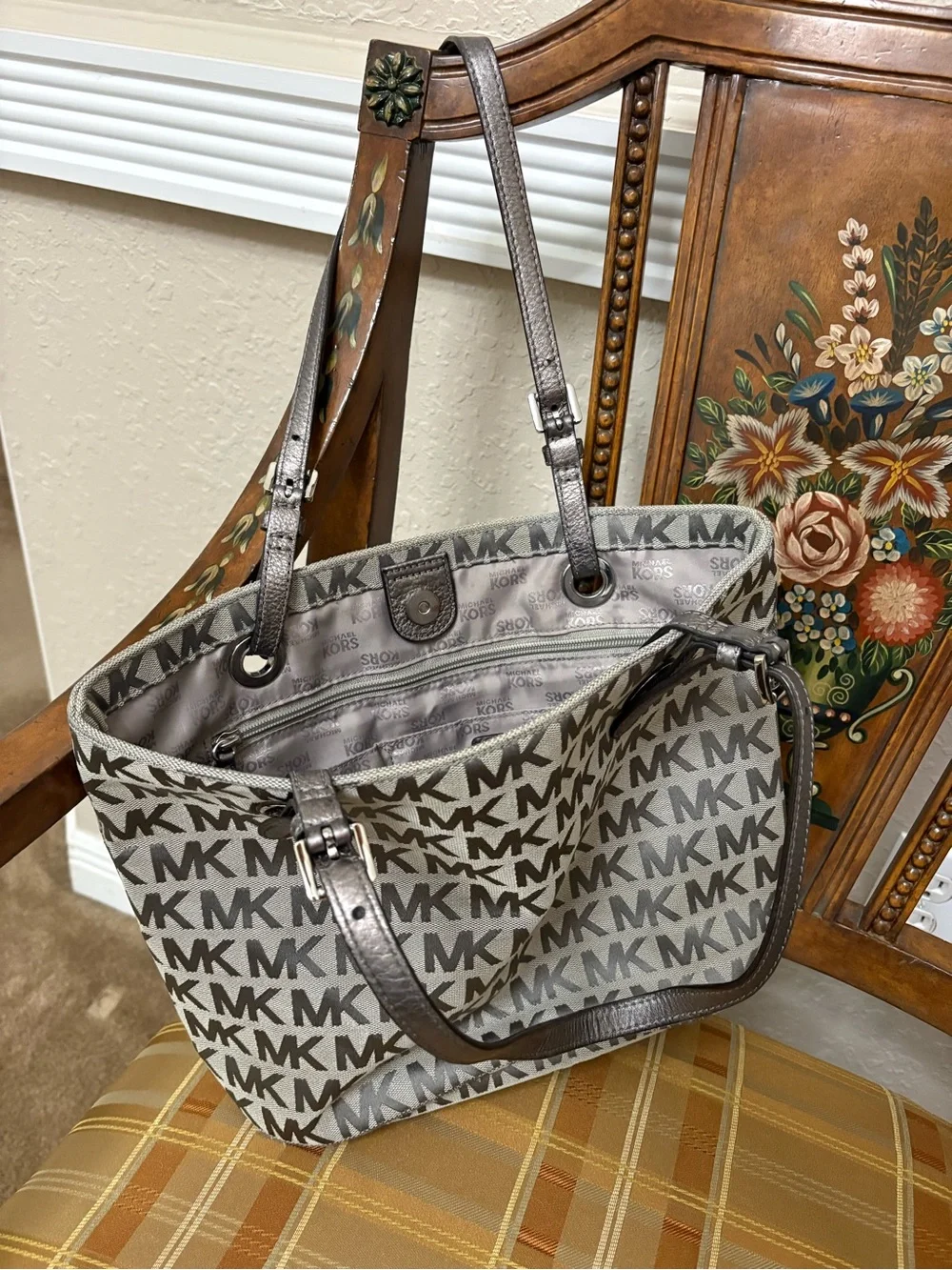 Michael Kors Gray MK Logo Tote Bag with Silver Straps